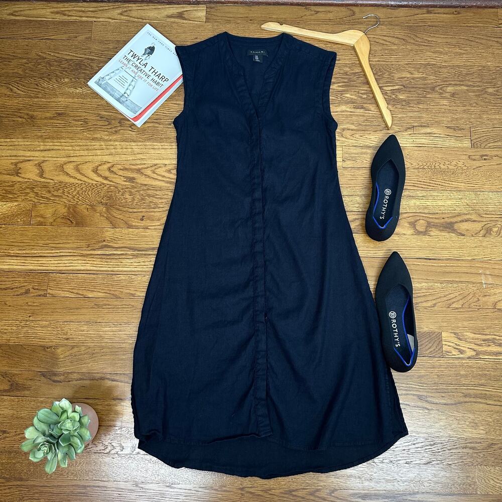 Tahari Dark Navy Blue Button Front Linen Shift Dress